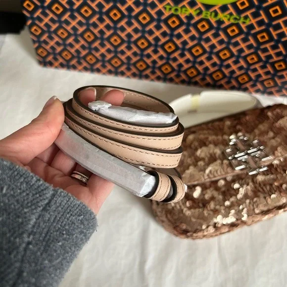 Tory Burch Britten Sequin Mini Top Handle Bag Crossbody Bag Rose Gold Silver